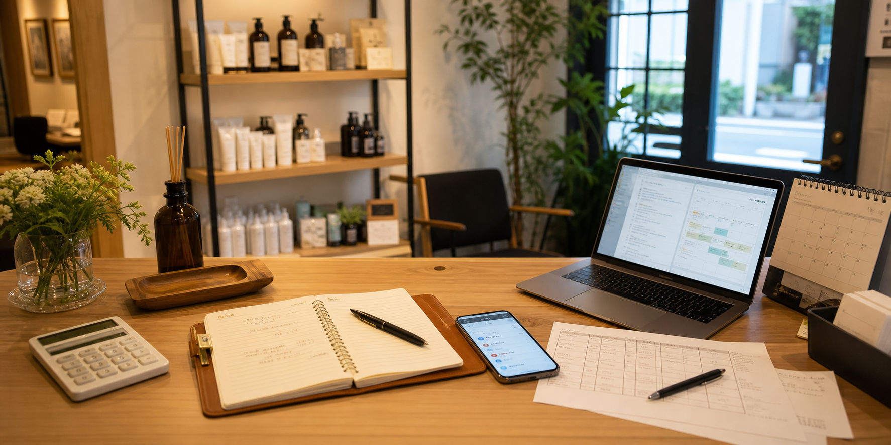 受付カウンターにノートPCや予定表が並ぶ店舗向け問い合わせ改善のイメージ